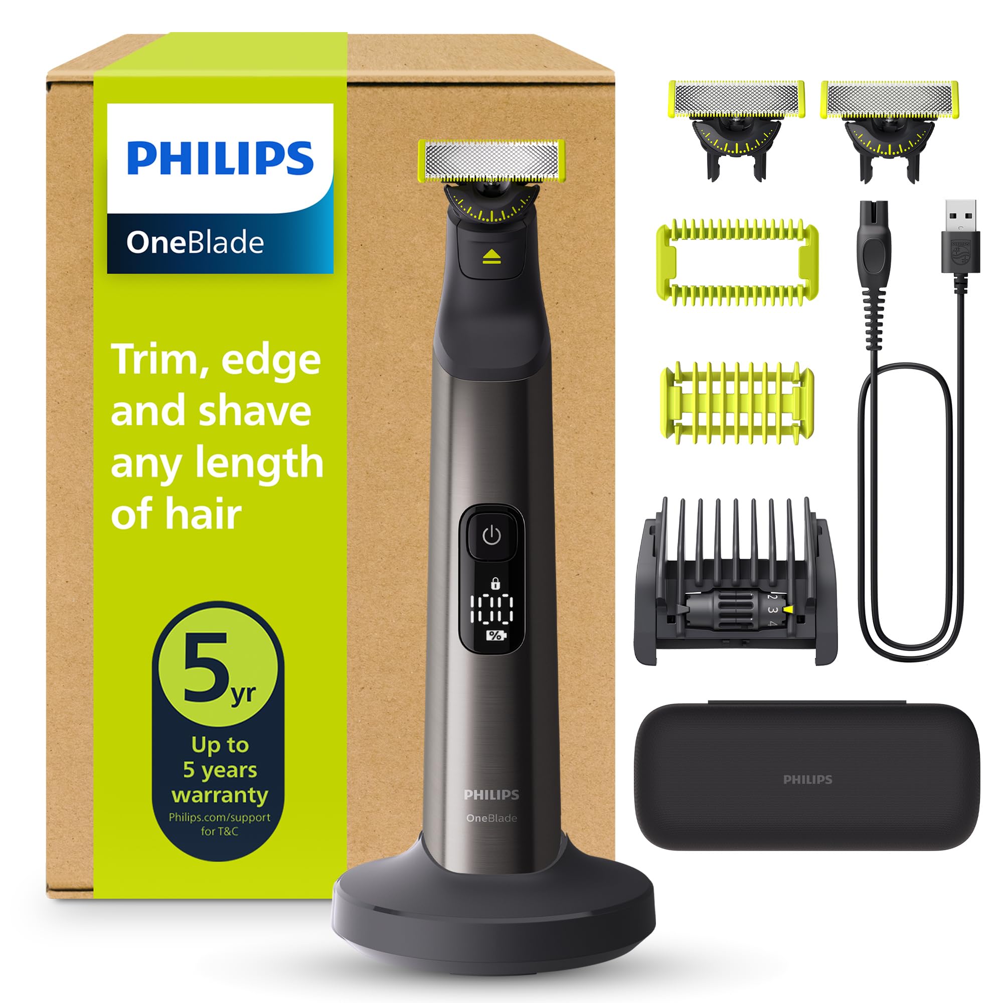 Philips OneBlade Pro 360 Authentique Visage+Corps - Tondeuse à barbe électrique, rasoir et tondeuse, 2 lames 360, 1 sabot avec 20 hauteurs de coupe, 1 kit Corps, 1 socle de charge, QP6652/35