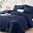 HYMOKEGE Navy Blue Full Size Comforter Sets Seersucker 7 Pieces, All Season Luxury Bed in a Bag for Bedroom, Bedding Set with Comforters, Sheets, Pillowcases & Shams