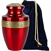CLEENTABLE Handcrafted Metal Cremation Urn for Human Ashes - Adult Memorial Funeral Urn, Decorative Urn with Engraved Band, Secure Threaded Lid, Felt Base - Holds Up to 220 lbs 11" (Red & Gold)