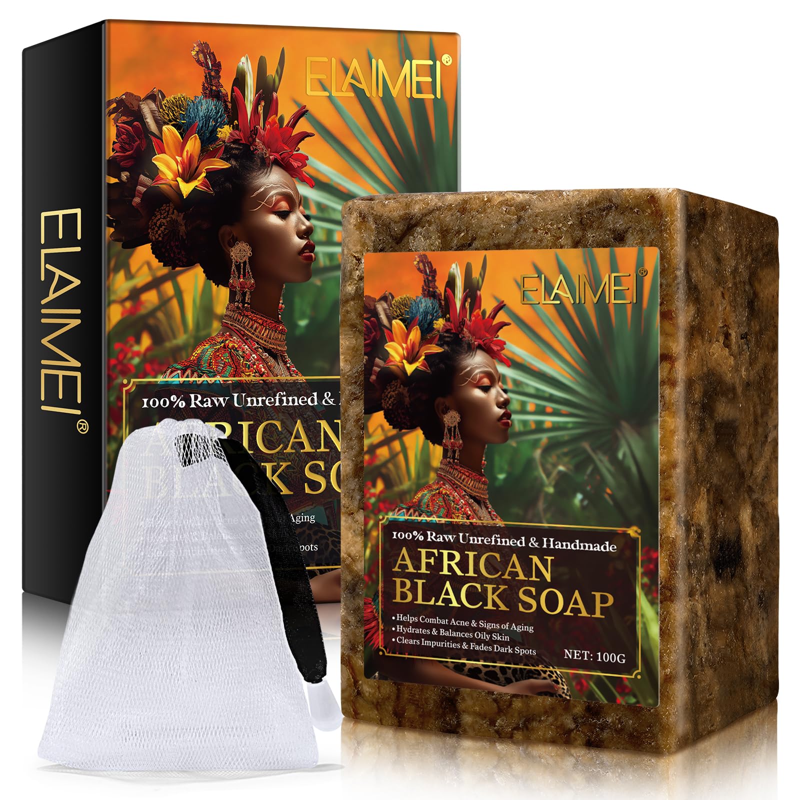 African Black Soap 100g, Organic Handmade African Black Soap, Hydrates & Balances Oily Skin, Helps Combat Acne & Anti-Ageing, Clears Impurities & Fades Dark Spots, 100% Natural