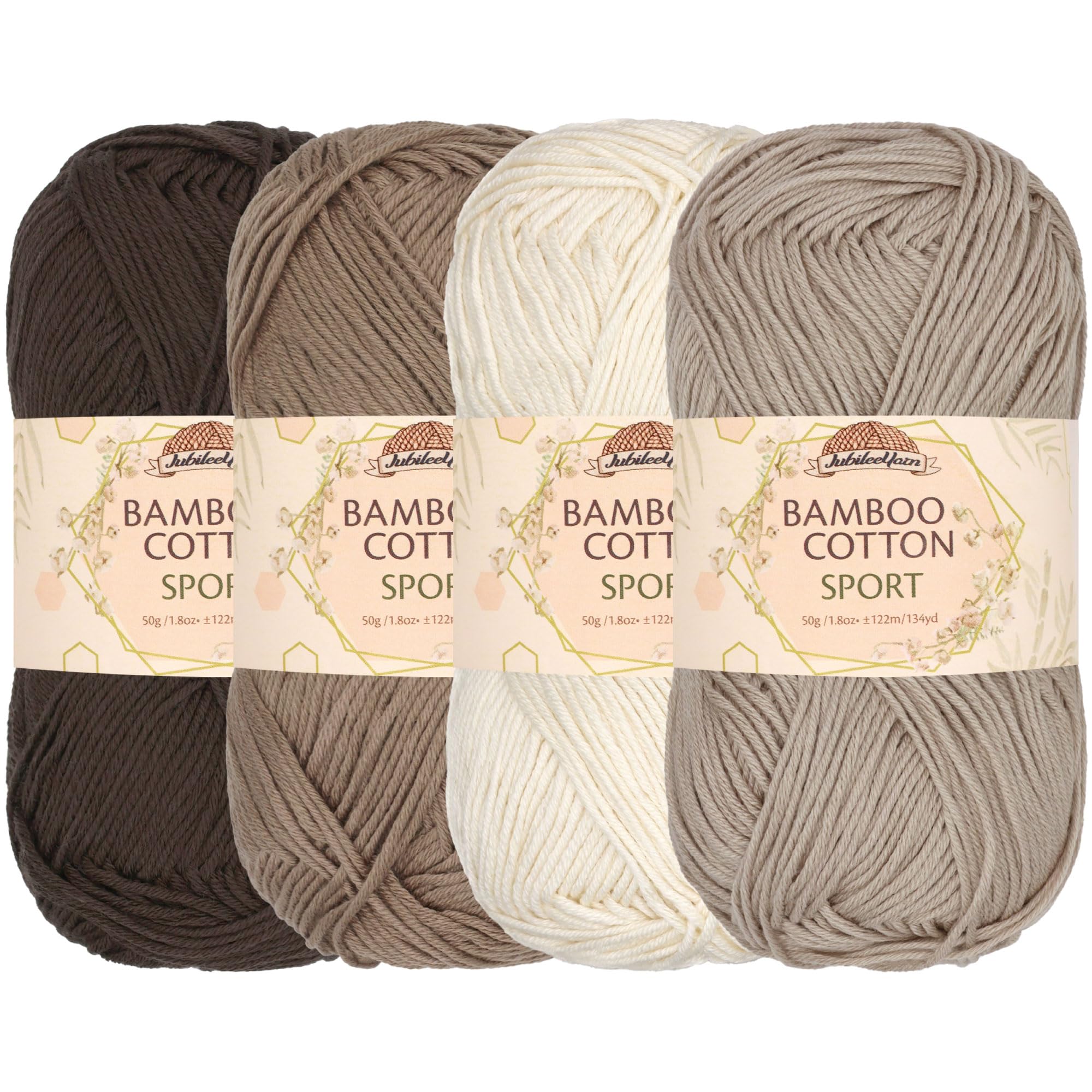 JubileeYarn Bamboo Cotton Sport 4 Ply Yarn - 50g/Skein - Shades of Brown - 4 Skeins