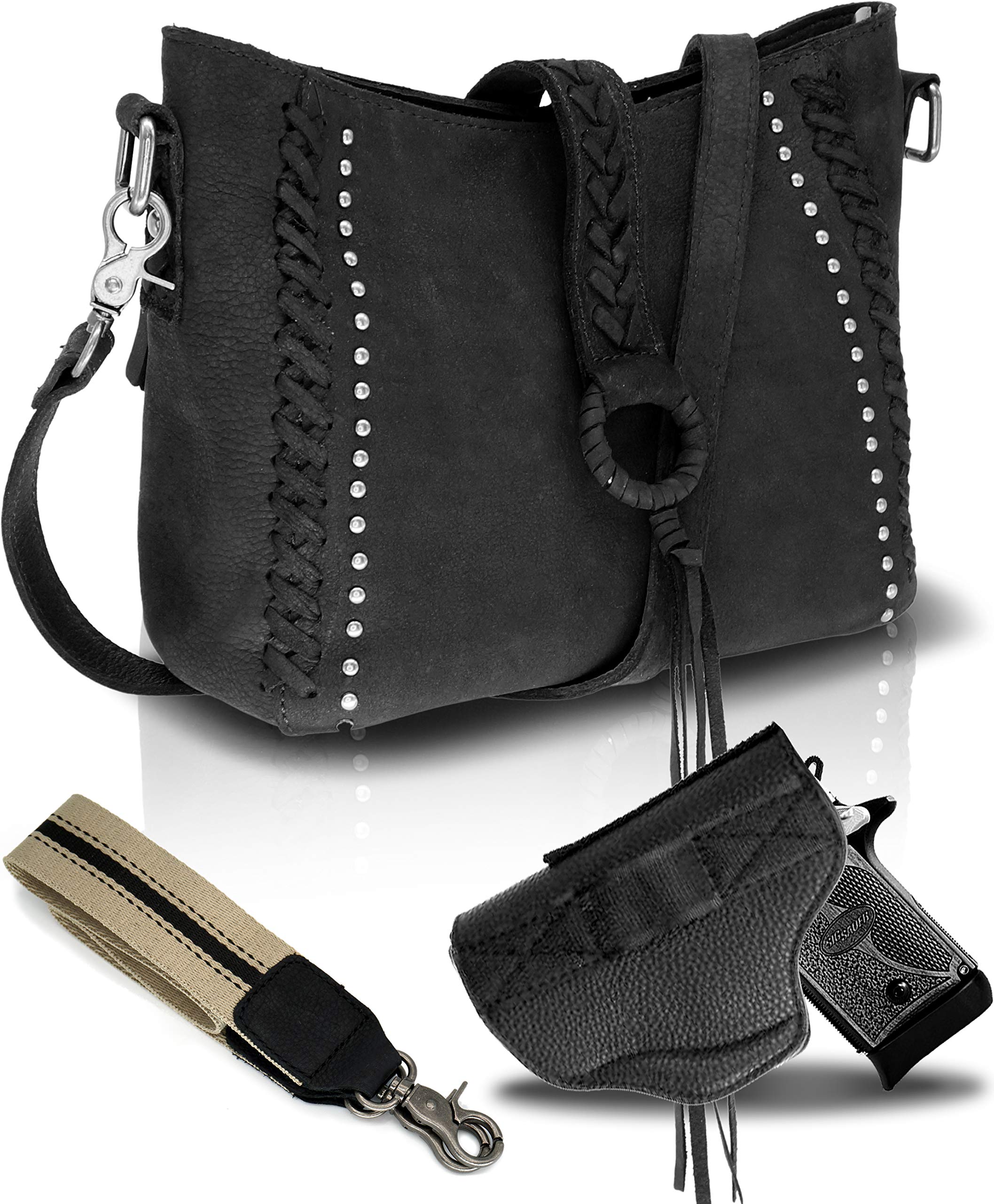Black Real Cowhide Leather Concealed Carry Crossbody Purse for Women