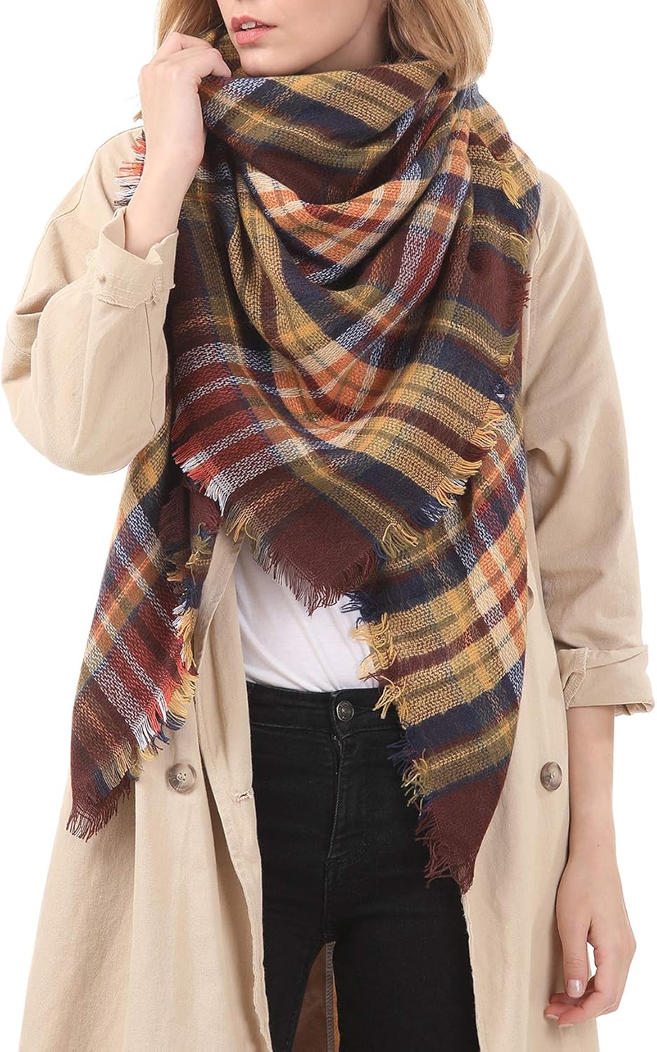 Women's Fall Winter Scarf Classic Tassel Plaid Scarf Warm Soft Chunky Large Blanket Wrap Shawl Scarves Pink Scarf at  Women’s Clothing store
