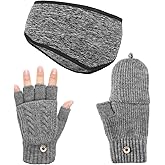 Heliltd Fleece Ear Warmers Headband for Women Ski Headbands Grey Fingerless Mittens Winter Ear Muffs and Fingerless Gloves Set for Cold Weather Running Cycling