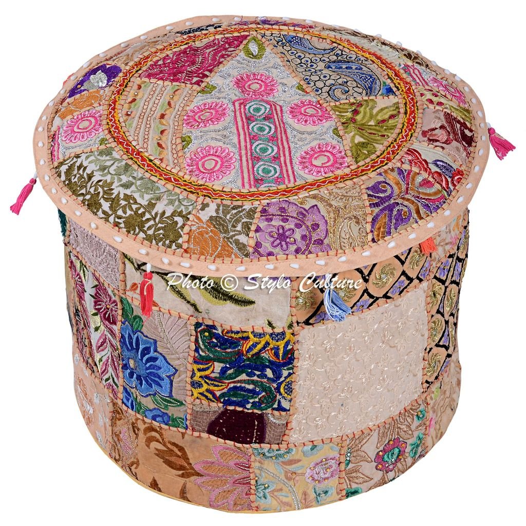 Stylo Culture Ethnic Indian Pouffe Seat Footstool Cover Cotton Patchwork Embroidered Ottoman Stool Pouf Cover Beige Floral 40 cm Foot Stool Floor Cushion Cover Ethnic Furniture (16x16x13)(COVER ONLY)