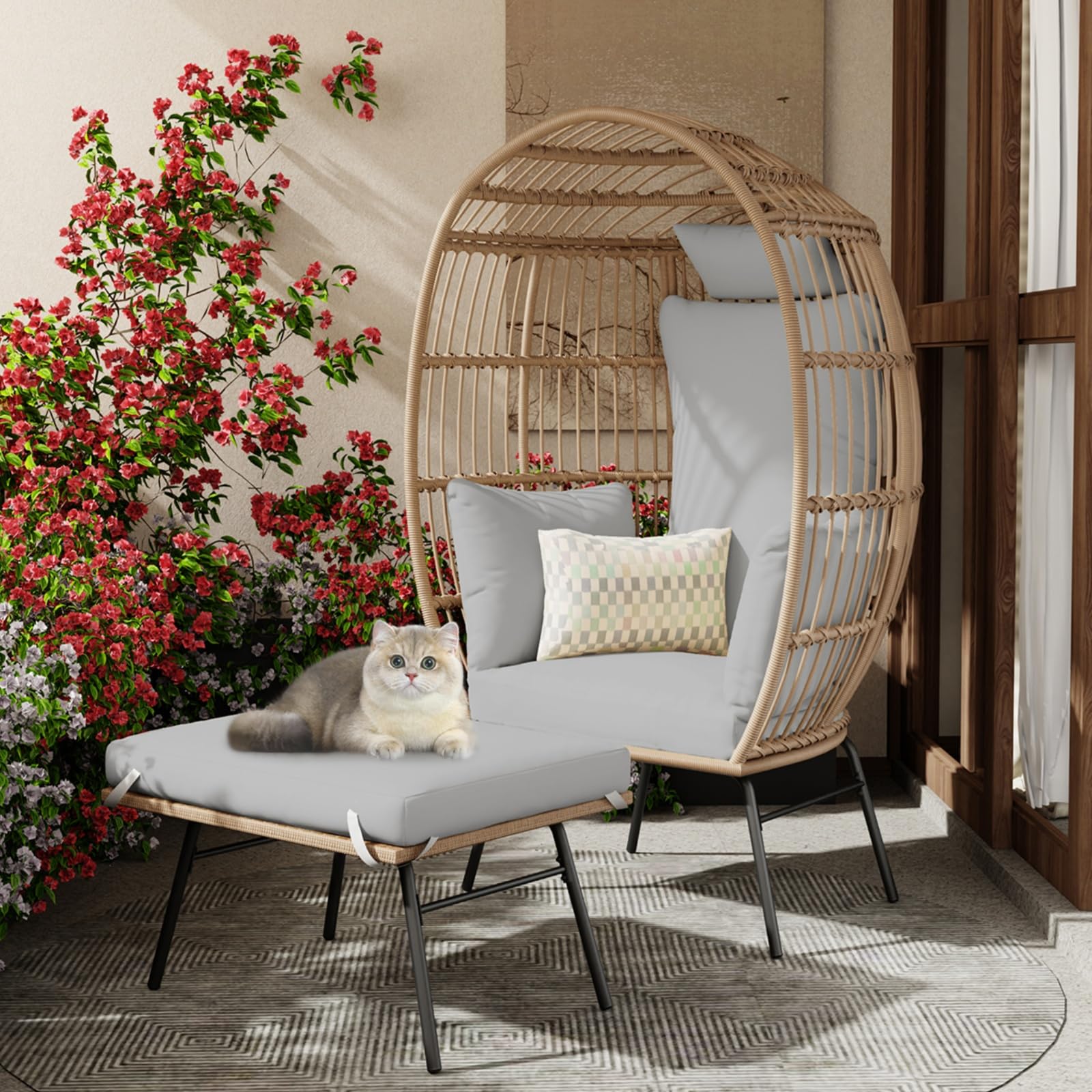 Photo 1 of **NO HARDWARE**GarveeLife Oversize Wicker Egg Chair with Ottoman, Egg Shaped Lounge Chair with Thick Cushion, Comfy Egg Rattan Seat for Indoor Outdoor Patio Porch Backyard, Grey