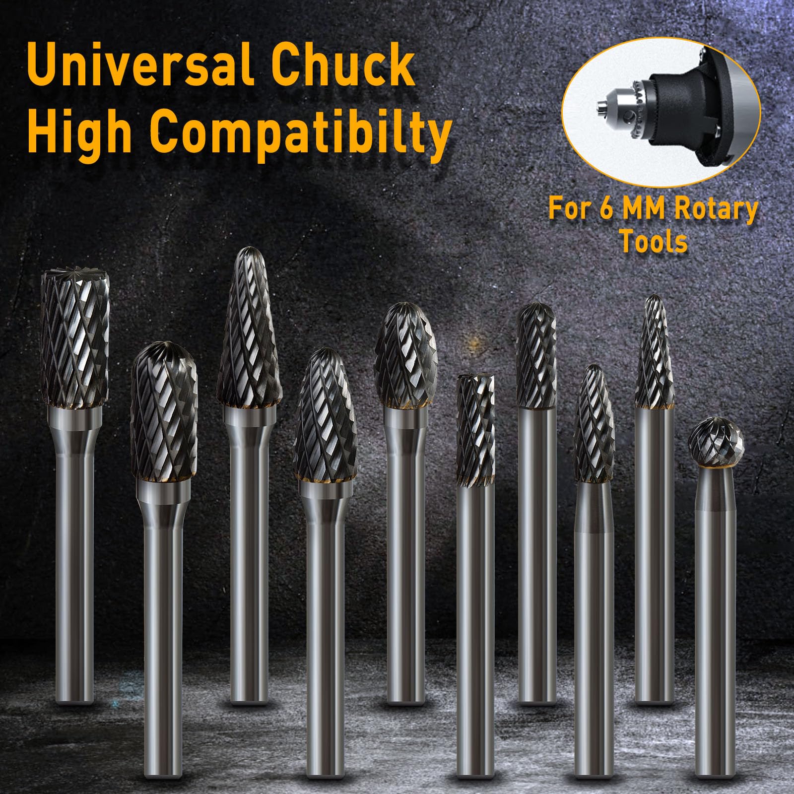 Hartmetall Frässtifte Set, 10 Stück Doppelschnitt mit 6mm Schaft Rotationsfräser Bits Raspel Set für Holz, Stahl, Metall, Polieren, Gravieren und Bohren 3