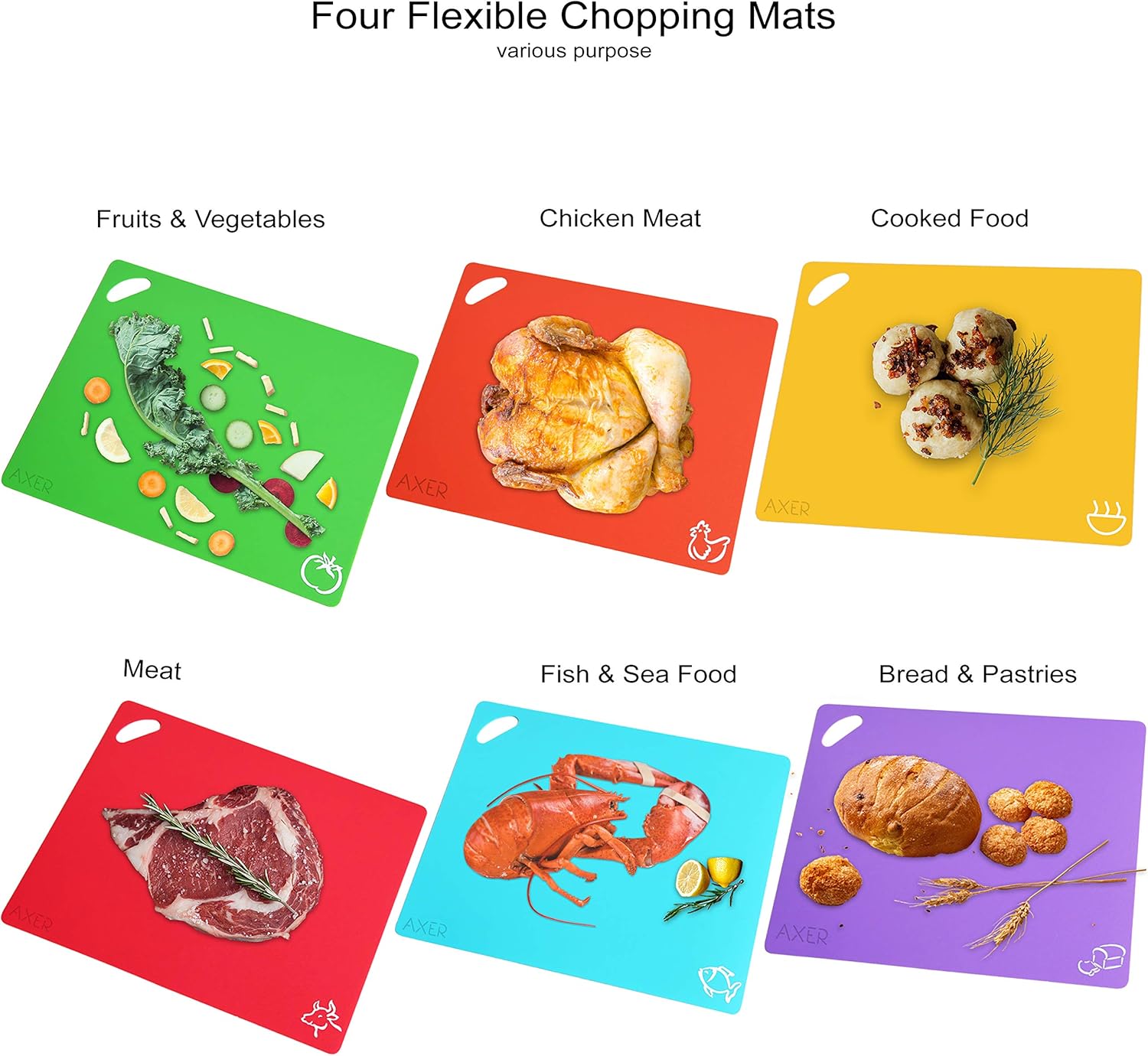 Axer Colour Coded Chopping Boards for Kitchens 6 pcs, Flexible Cutting Board Set Food Icons - Image 3