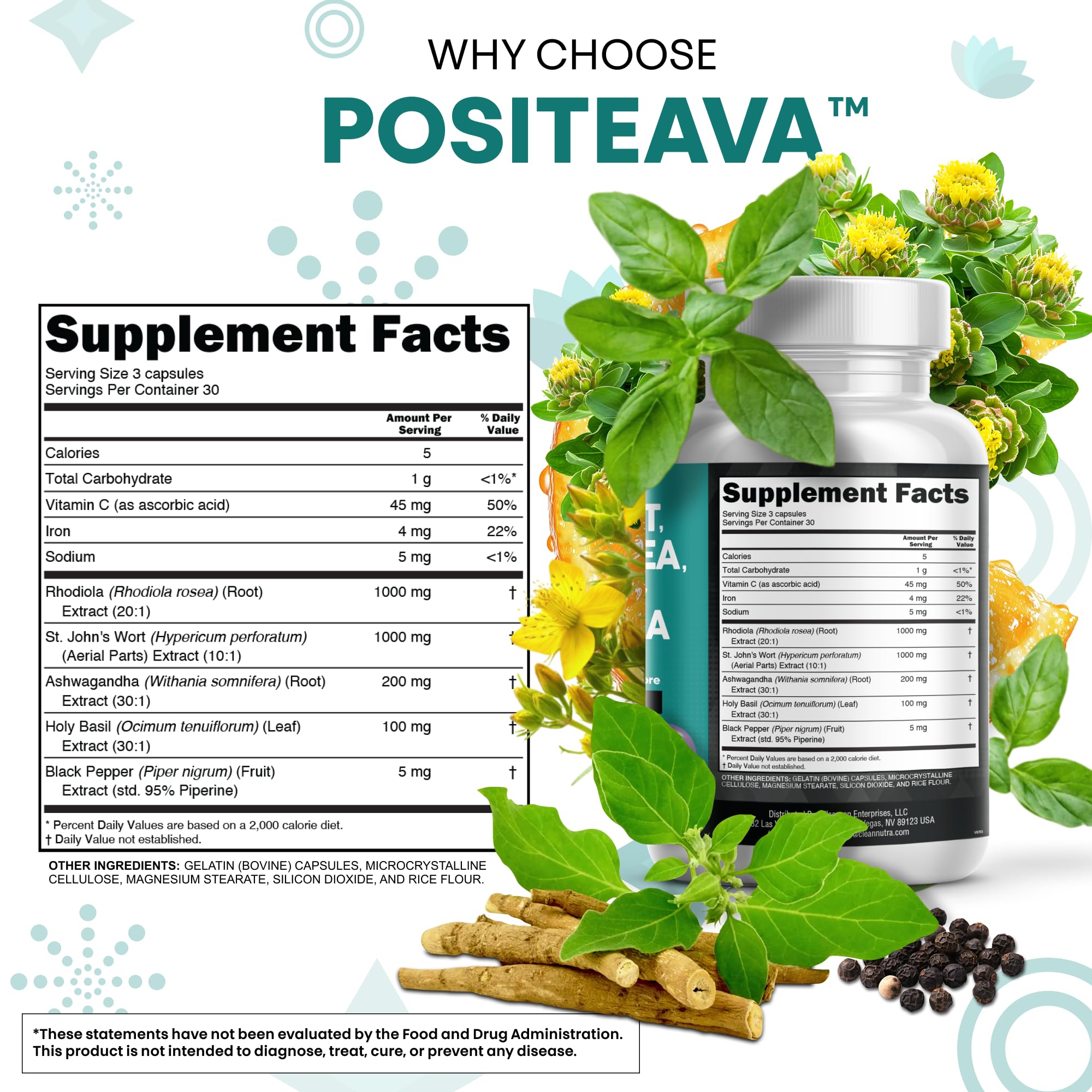 Clean Nutraceuticals St Johns Wort Rhodiola Rosea Holy Basil Ashwagandha - Mood Support for Women and Men with Vitamin C & Black Pepper Extract - 90 Caps
