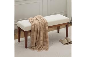 WUTUTUEE 43.5'' Linen Bedroom Bench, Upholstered End of Bed Bench, Padded Vintage Dining Bench, Entryway Bench with Solid Wood Legs, Kitchen, Living Room, Hallway, White