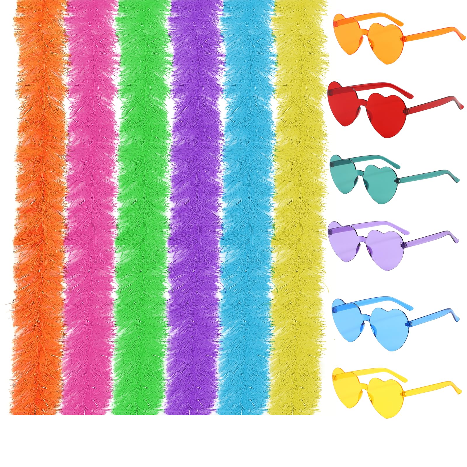 AWAVM 6 PCS Multipack Feather Boas with 6 PCS Frameless Sunglasses, 6.6ft Fancy Dress Feather Boa for Women, Artificial Fluffy Boas for Dancing Wedding Party Cosplay Halloween (12PCS)