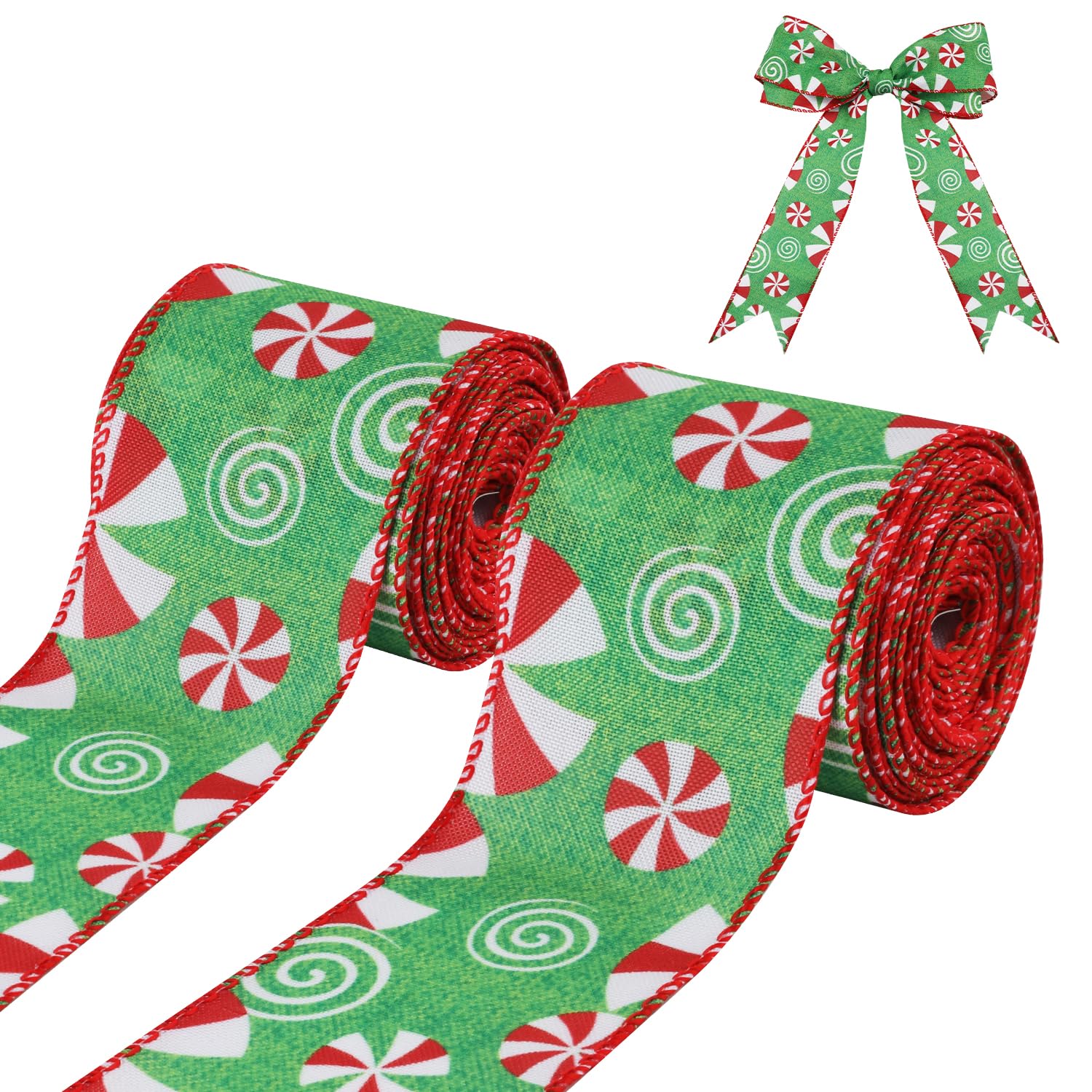 2 Rolls Christmas Ribbons Wired 2.48" Wide Christmas Peppermint Candy Ribbon Decorations Xmas Tree Ribbons for Crafts Wreaths Bow Tie Making Gift Wrapping (Green Bottom)