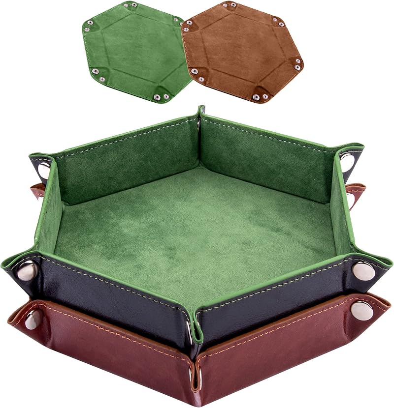 SIQUK 2 Pieces Dice Trays Hexagonal Folding Tray PU Leather Velvet Holder Green