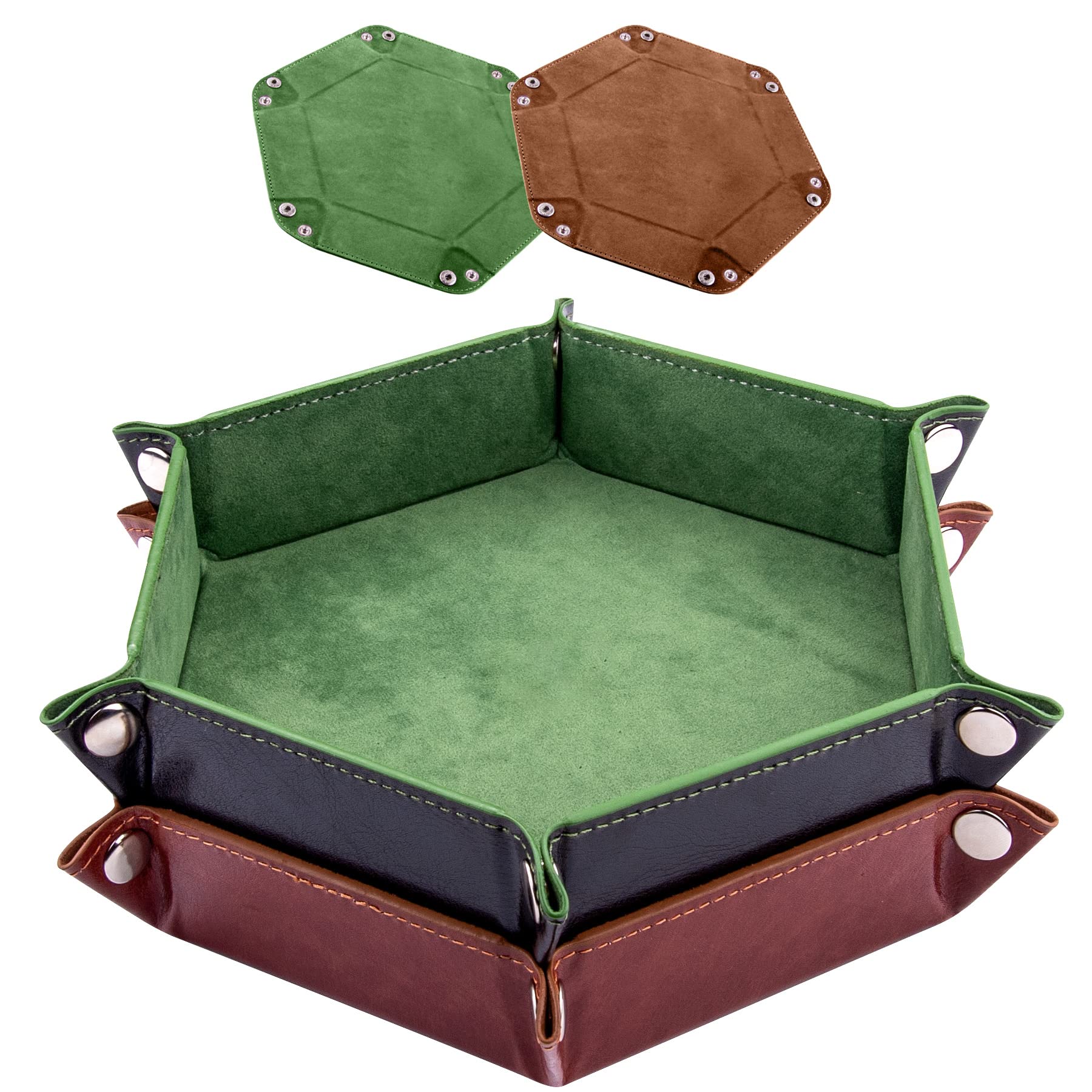 SIQUK 2 Pieces Dice Trays Hexagonal Dice Folding Tray PU Leather Velvet Holder for Table Games RPG DND (Green and Camel)