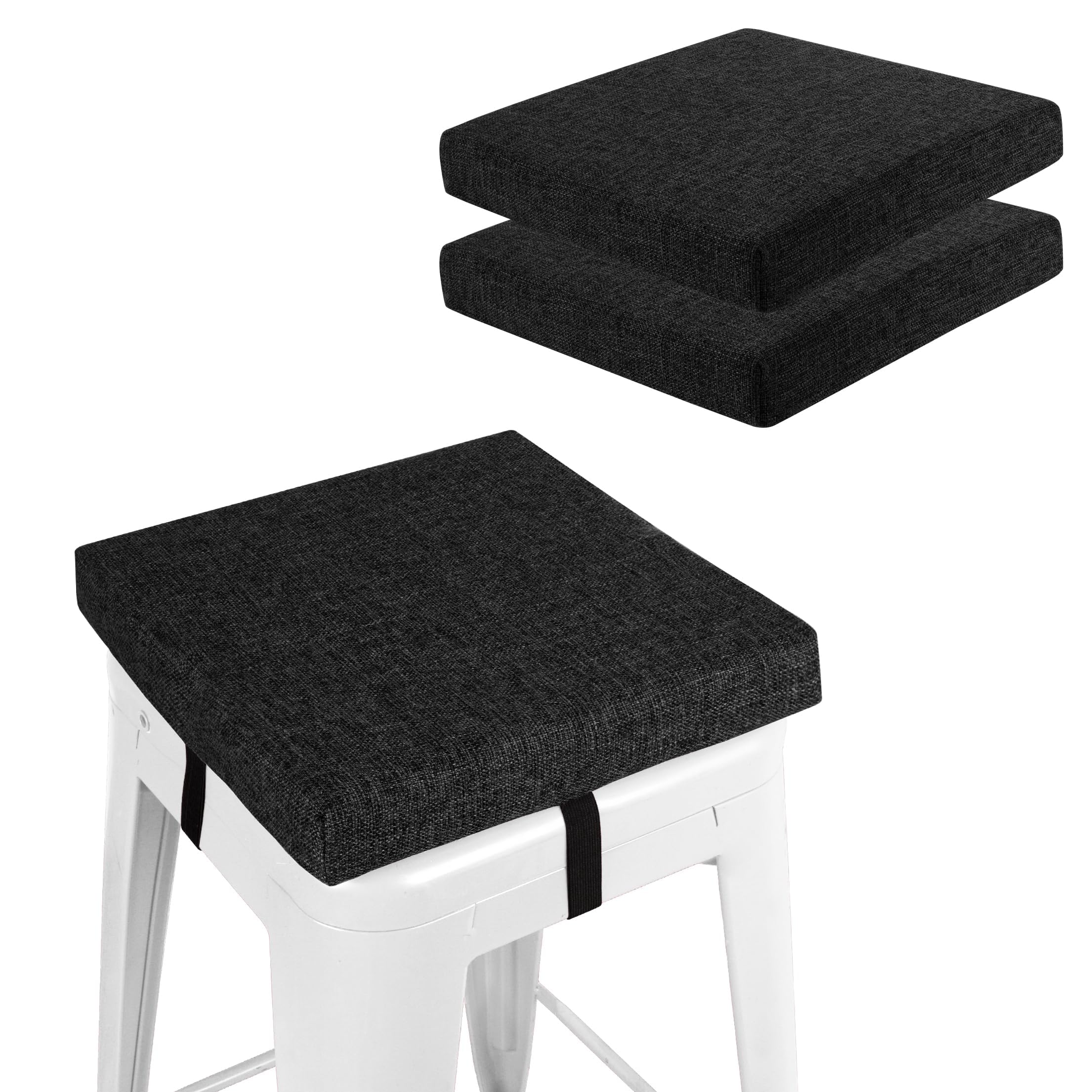 FlyGulls Square Bar Stool Cushions Non-Slip Chair Pads with Ties 2“ Thick Chair Cushions Set of 2 with Machine Washable Cover (35.5x35.5cm/14x14inch, Black)