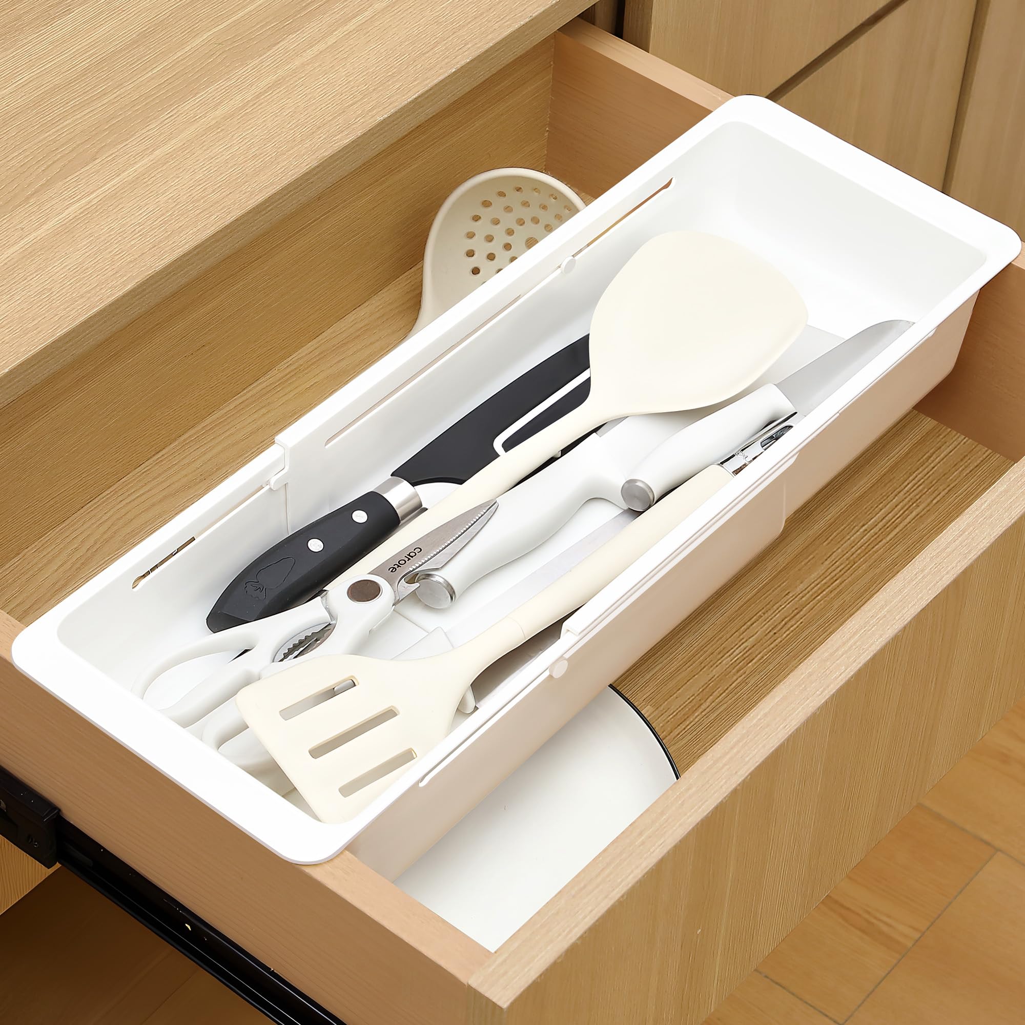Photo 1 of 1 Pack Deep Drawer Organizer Bins, Sliding Drawer Organizer Bin Expandable and Adjustable Tray for Kitchen Utensils, BBQ Tools, Towels, Durable Plastic Sliding for Easy Storage (17.4-27.6")