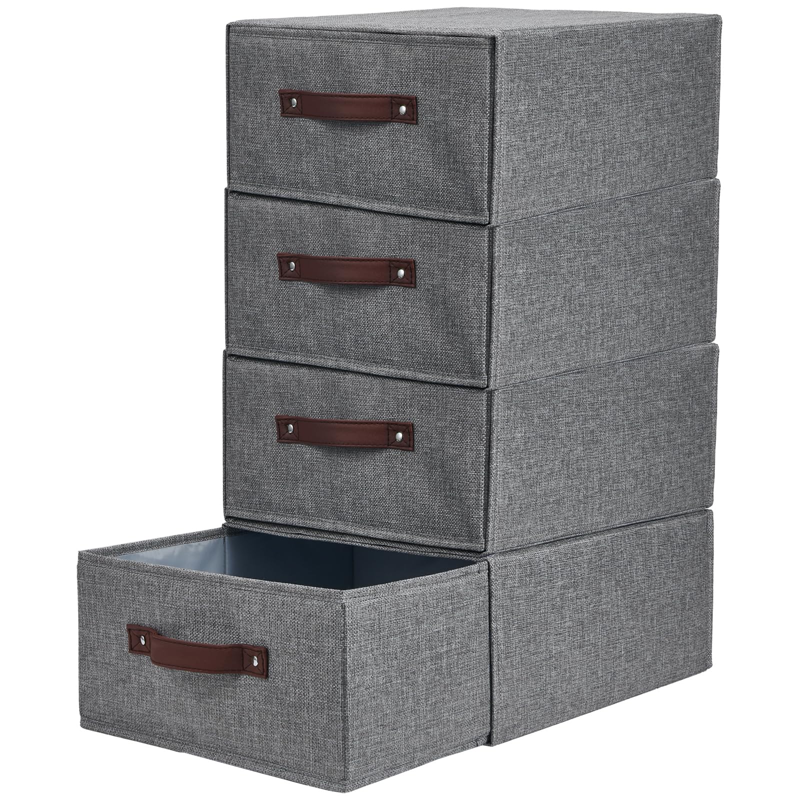 Photo 1 of VinneGenzz 4PCS Closet Drawer Organizer Stackable Fabric Storage Boxes Bins Baskets with Lid PU Leather Handles Foldable Washable Cotton Linen Wardrobe Shelf Cloth Towels Container (Gray, Large)