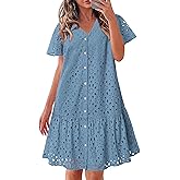 KIRUNDO Eyelet Dresses for Women 2026 Spring Summer Short Sleeve Button Down Loose Mini Babydoll Dress Beach Vacation Clothes