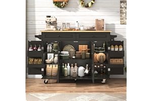 GITUA 55" W Rolling Kitchen Island with Drop Leaf – Movable Kitchen Carts on Wheels Island with Storage Cabinet, Island Table for Kitchen with Rubber Wood Top and Rack and Drawer, Matte, Black