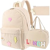 Kolewo4ever 3 Pieces Corduroy School Backpack Set Preppy Book Corduroy Chenille Letter Bookbag with Lunch Bag and Pencil Pouch for Teen Girls Women Laptop Backpack College Bookbags