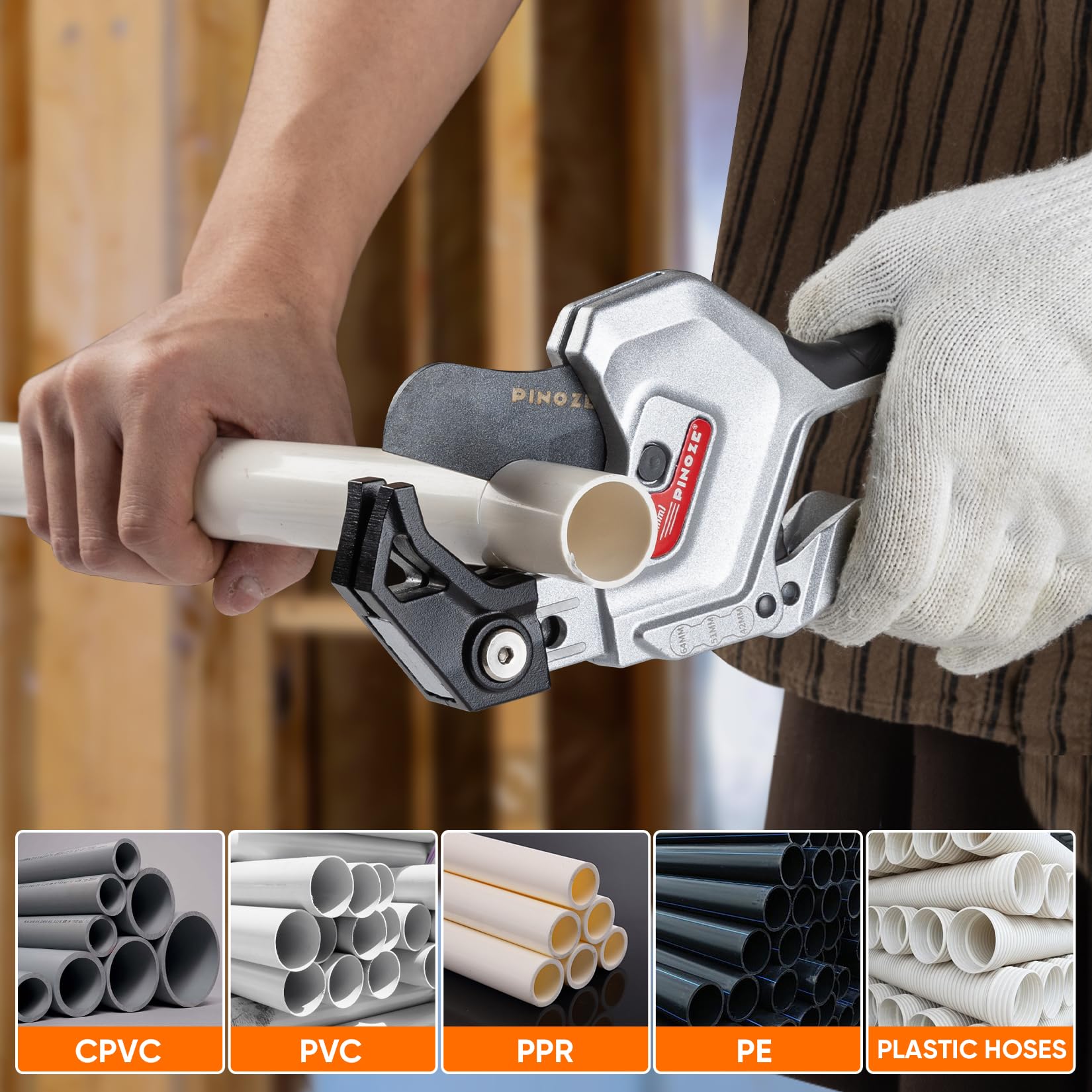 PINOZE PVC-Rohrschneider, 3-Gang-Einstellung, Schnitt bis zu 63 mm, Ratschen-Rohrschneider-Werkzeug, robust für PVC, PPR, PE, PEX, Kunststoffschläuche und Sanitärrohre mit Teflon-SK5-Klinge 7