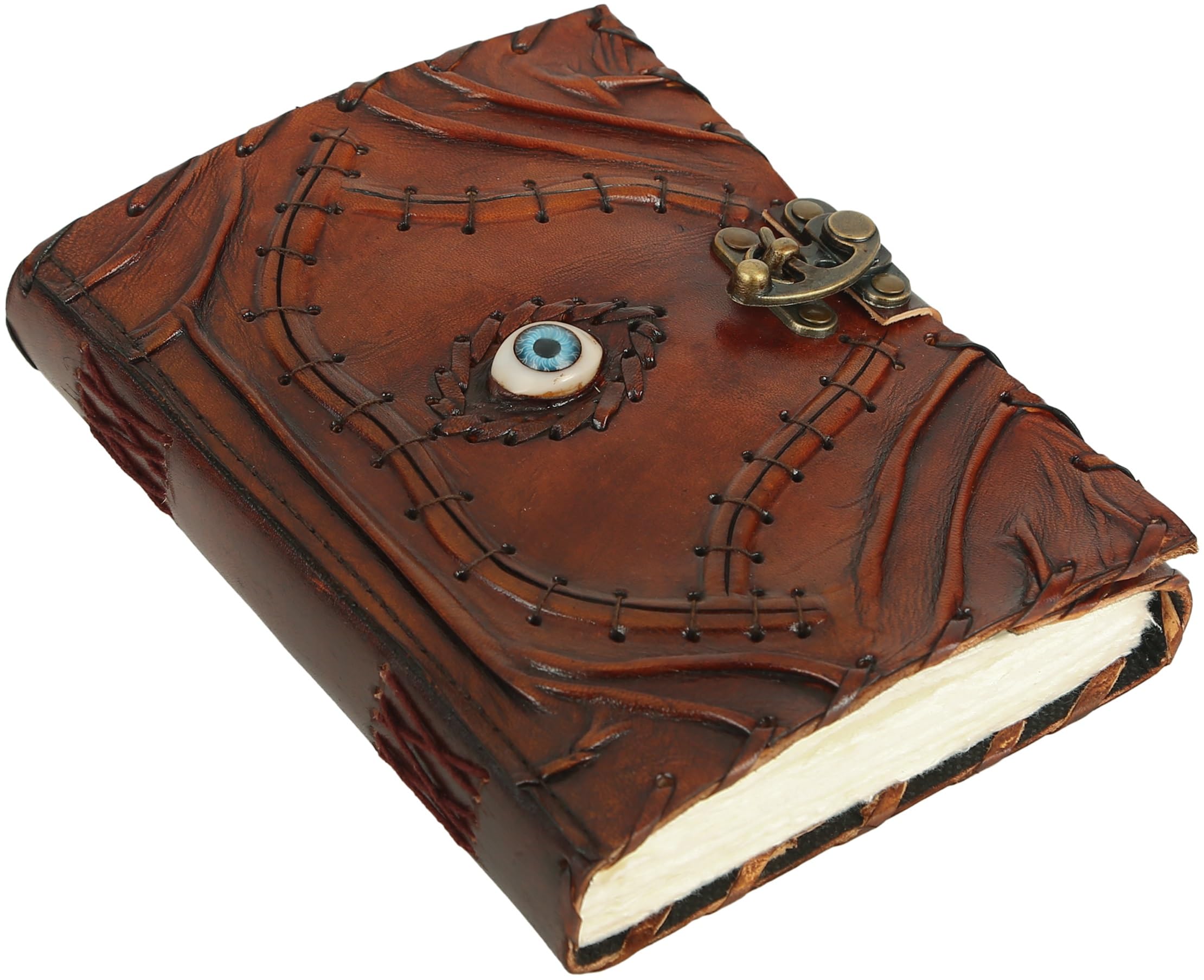 20 Cms Vintage Ward Off Evil Eye Protection Leather Journal Spell Book of Shadows Grimoire Gift Writing Notebook for Men Women Blank Unlined Old Handmade Deckle Edge Paper, Diary with Clasp Lock