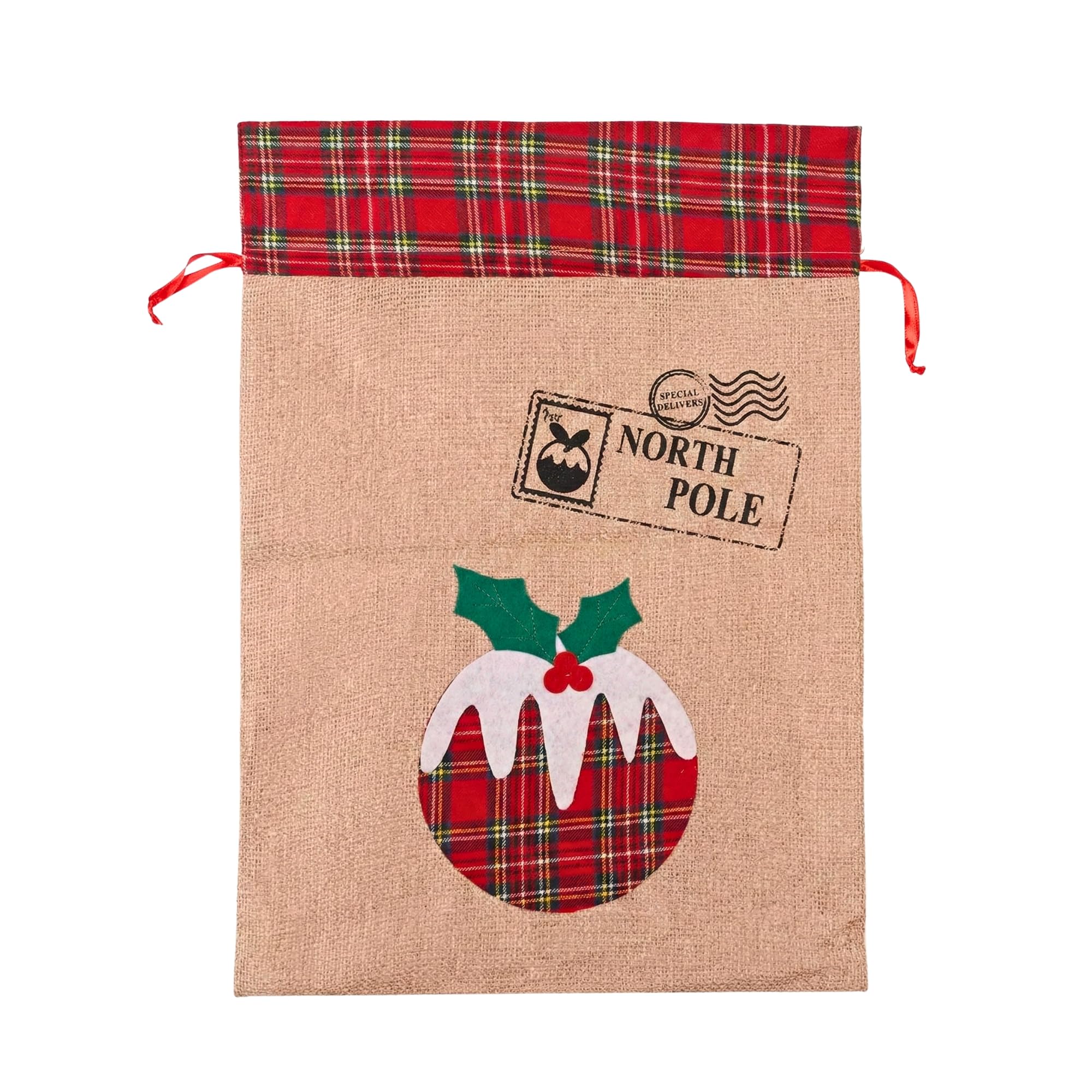 Large Christmas Pudding Santa Sack 70x50cm, Burlap Hessian Linen Bag, Reusable Xmas Stocking Sack for Kids, Toy Storage, Festive Home Decorations and Christmas Morning Surprises