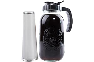 GLUKIEWT Cold Brew Coffee Maker Pitcher 2 Quart Glass Mason Jar With Spout Lid Filter Half Gallon Wide Mouth Iced Tea Brewing Jug Heavy Duty Handle Airtight & Leak-Proof Pitcher For Fridge Sun Tea 64 OZ