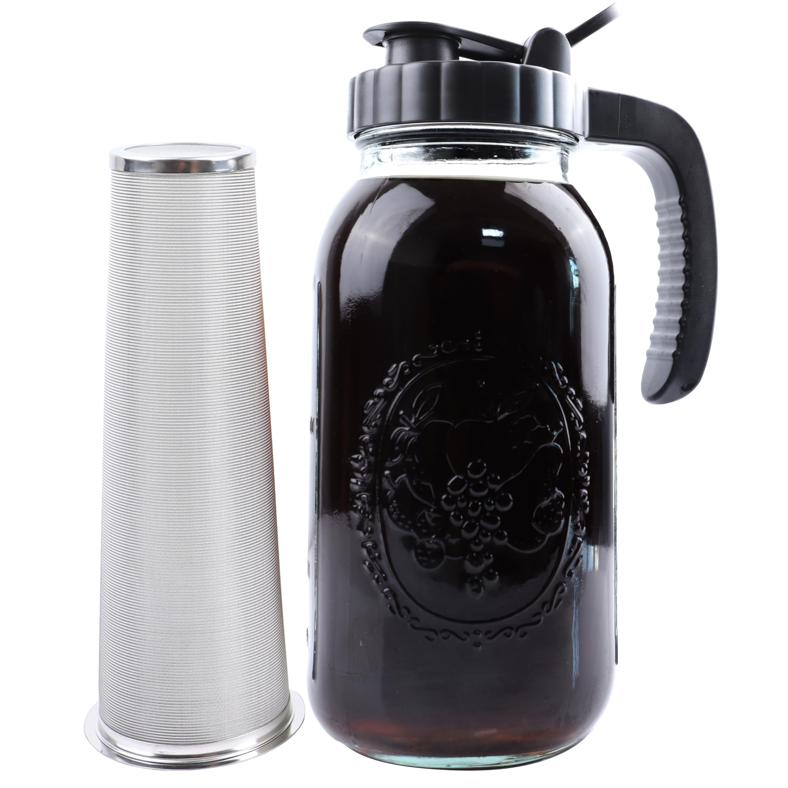 Photo 1 of ***MISSING GLASS JAR / FILTER AND TOP ONLY *** Cold Brew Coffee Maker Pitcher 2 Quart Glass Mason Jar With Spout Lid Filter Half Gallon Wide Mouth Iced Tea Brewing Jug Heavy Duty Handle Airtight & Leak-Proof Pitcher For Fridge Sun Tea 64 OZ