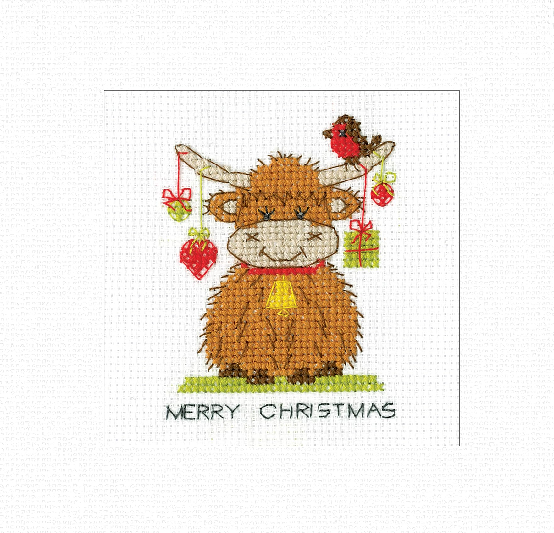 Heritage Crafts Christmas Card Cross Stitch Kit - Highland Cow Heart