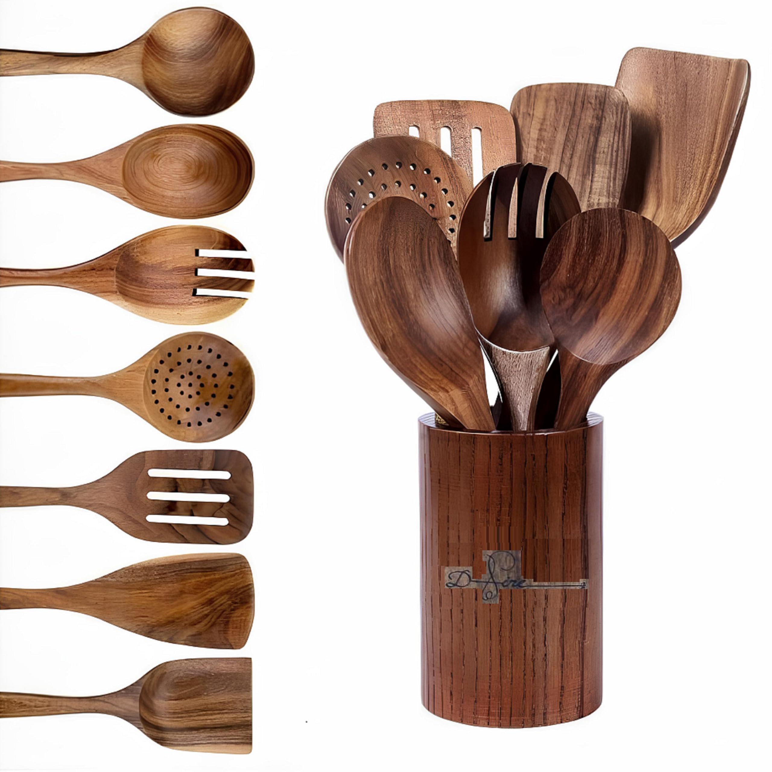 Wood Kitchen Utensils Set- 7+1 Acacia Wood Cooking Utensils Set- D.Sirez's Premium Quality Essential Cooking Acacia Wooden Spatulas for Daily Use!