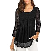 VALOLIA Women's 3/4 Sleeve Tunic Tops Casual Loose Fit Floral Blouses Mesh Pleated Layered Shirt