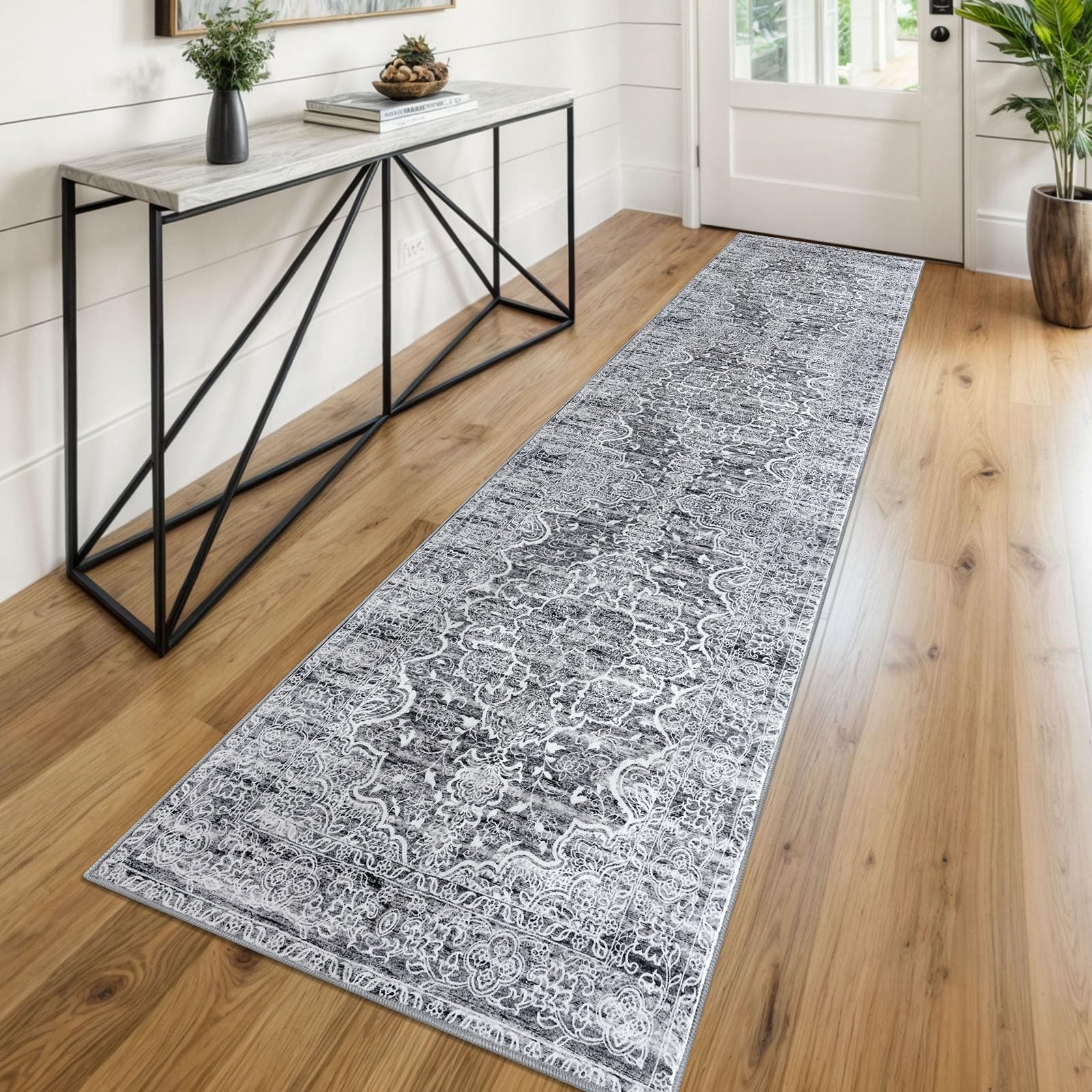 KUTA Runners for Hallways 2x8 Grey Blue White, Vintage Floral Kitchen Rugs Non-Slip Washable Ultra Soft Printed Retro Flower Carpet Entryway Runners for Bedroom Living Room