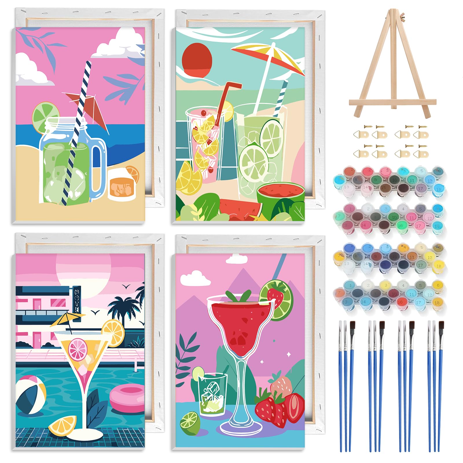 NAIMOER 4 Pack Framed Paint by Numbers Pink Wine for Adults Kids, DIY Drink Glass Paint by Numbers for Boys Girls, Art on Canvas Gifts Home Wall Decor 8x12in — image 1