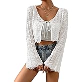 Verdusa Women's Tie Front Bell Long Sleeve Crop Cardigan Lightweight Scalloped Knit Tops