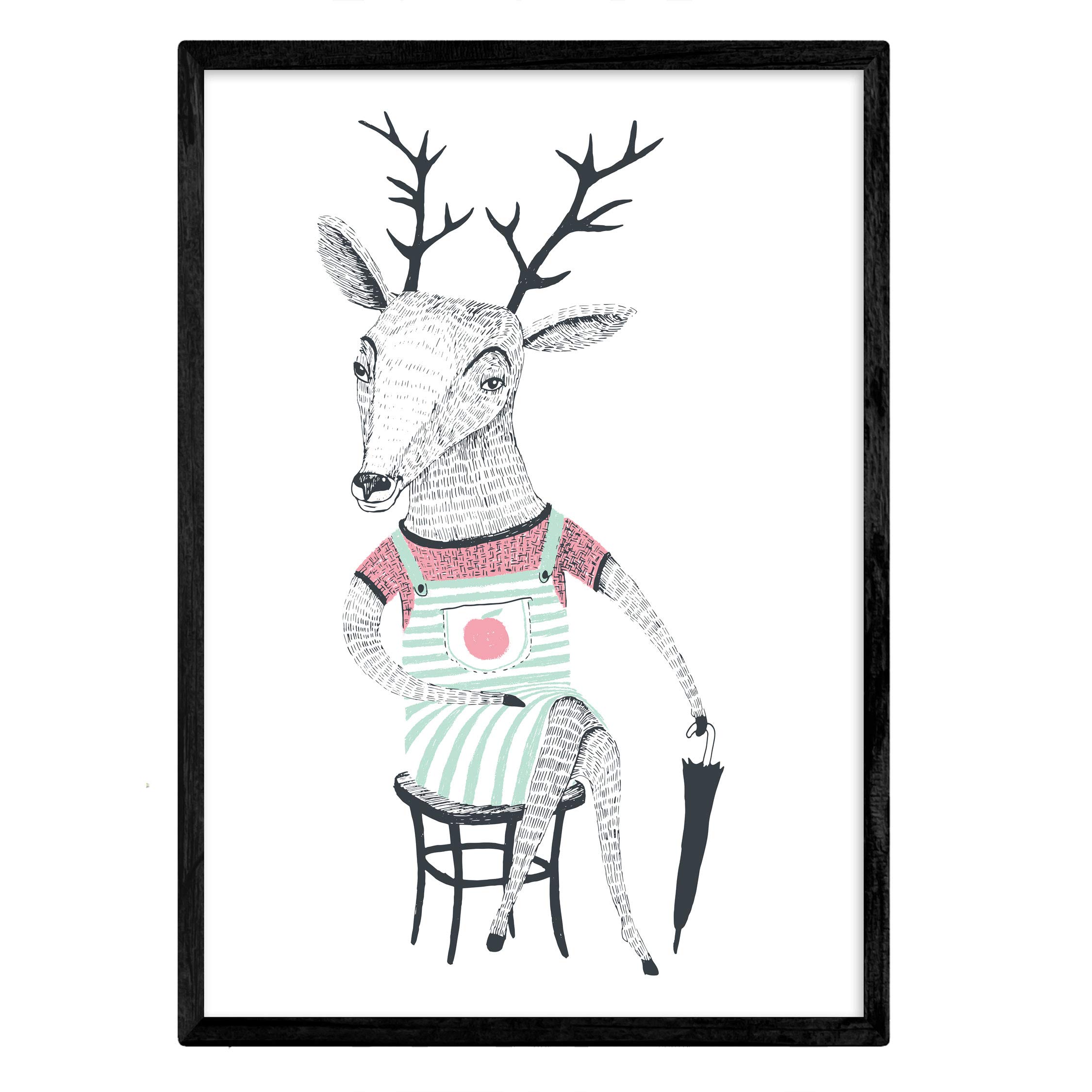 Nacnic Poster Deer with umbrella. Sheet of colorful animals. A3 size