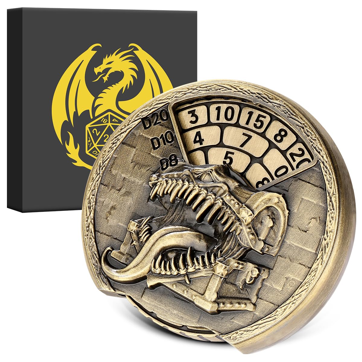 7-in-1 Tongue Treasure Chest Fingertip Gyro, DND Dice Spiner, DND Starter Set, 7-in-1 Metal Dice Set, D&D Gifts with Dragon Logo Gift Box, Tabletop Games, Role Playing Board Game Accessories, Bronze