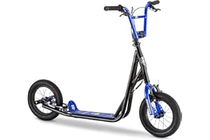 Mongoose Expo Kick Scooter, BMX-Style Handlebar & Brake Cable Rotor, Wide Foot Deck for Kids Youth Boys Girls Ages 6 and Up, Rear Axle Pegs, 12-Inch Air Tires, and Max. Weight of 175 lbs.
