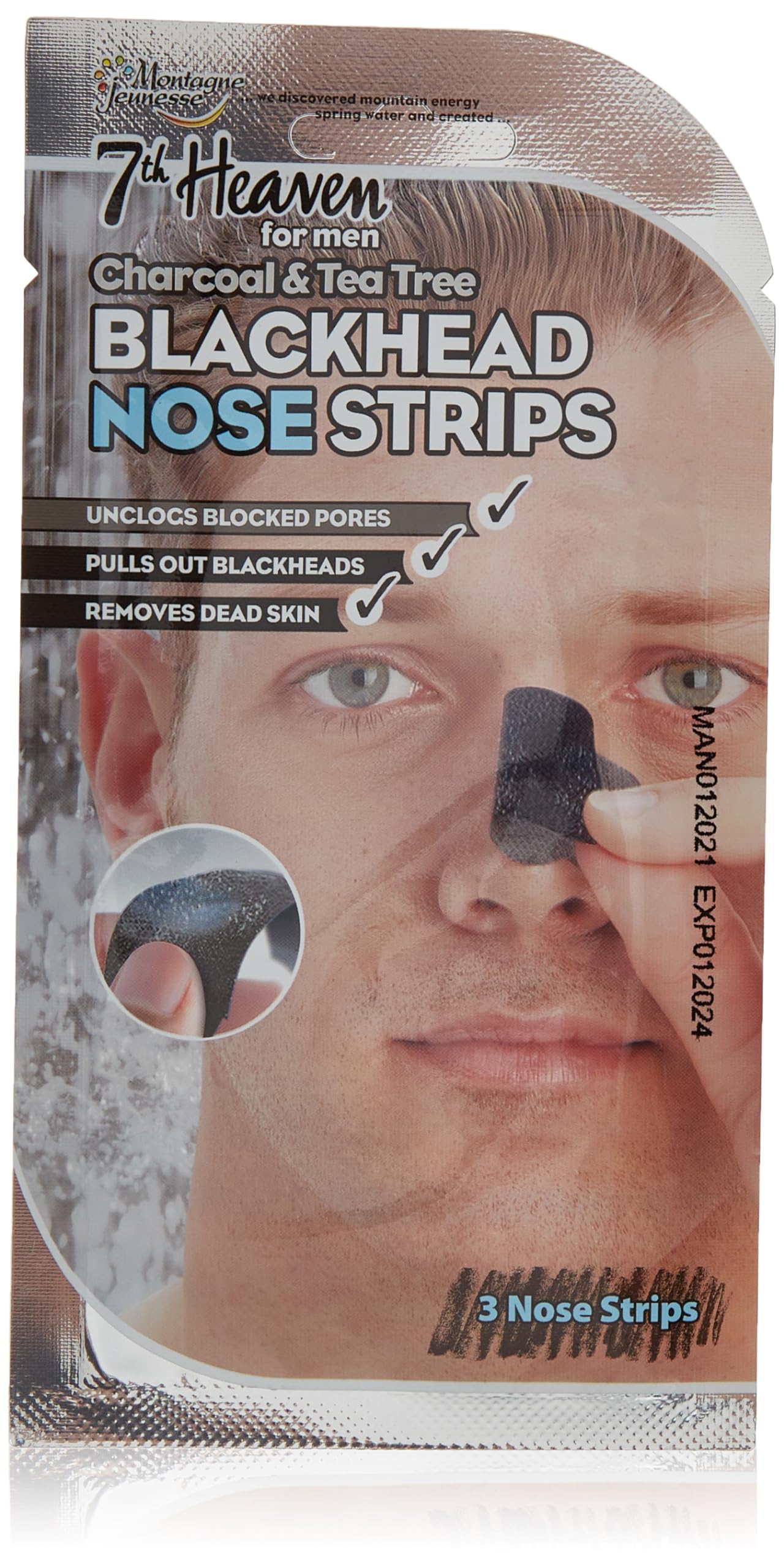 7th Heaven Men's Nose Strips with Charcoal and Tea Tree to Unclog Blocked Pores, Pull Out Blackheads & Remove Dead Skin, Black, 3 Count