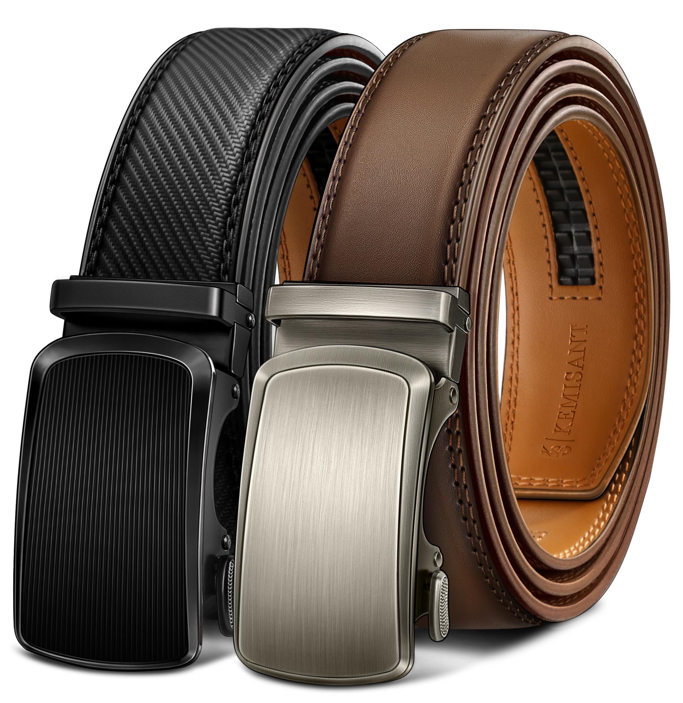 KEMISANT Men Belt 2 Pack, Leather Ratchet Belt Easy Click Slide For Men 1 3/8",Cut for Fit(Black/Tawny,42"-48" Waist Adjustable) Image