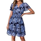 Simplee Women 2026 Floral Summer Short Dress Short Sleeves V Neck Chiffon A-Line Casual Flowy Boho Mini Dresses