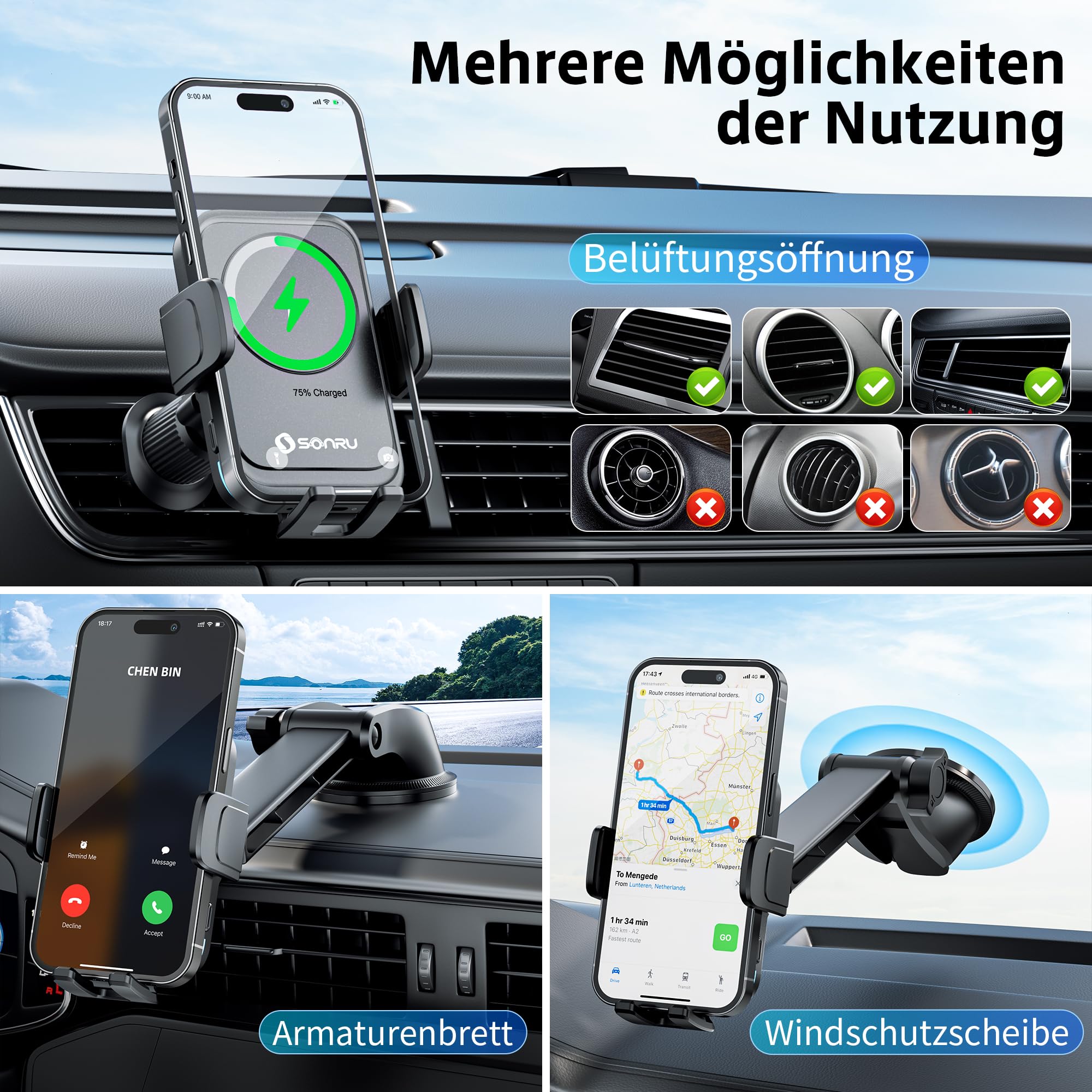 SONRU Handyhalterung Auto mit Ladefunktion,15W Kfz Handyladestationen Handy Halterung Auto Induktives Laden,Handyhalterung Auto Lüftung Saugnapf für Samsung iPhone LG Google Pixel 4