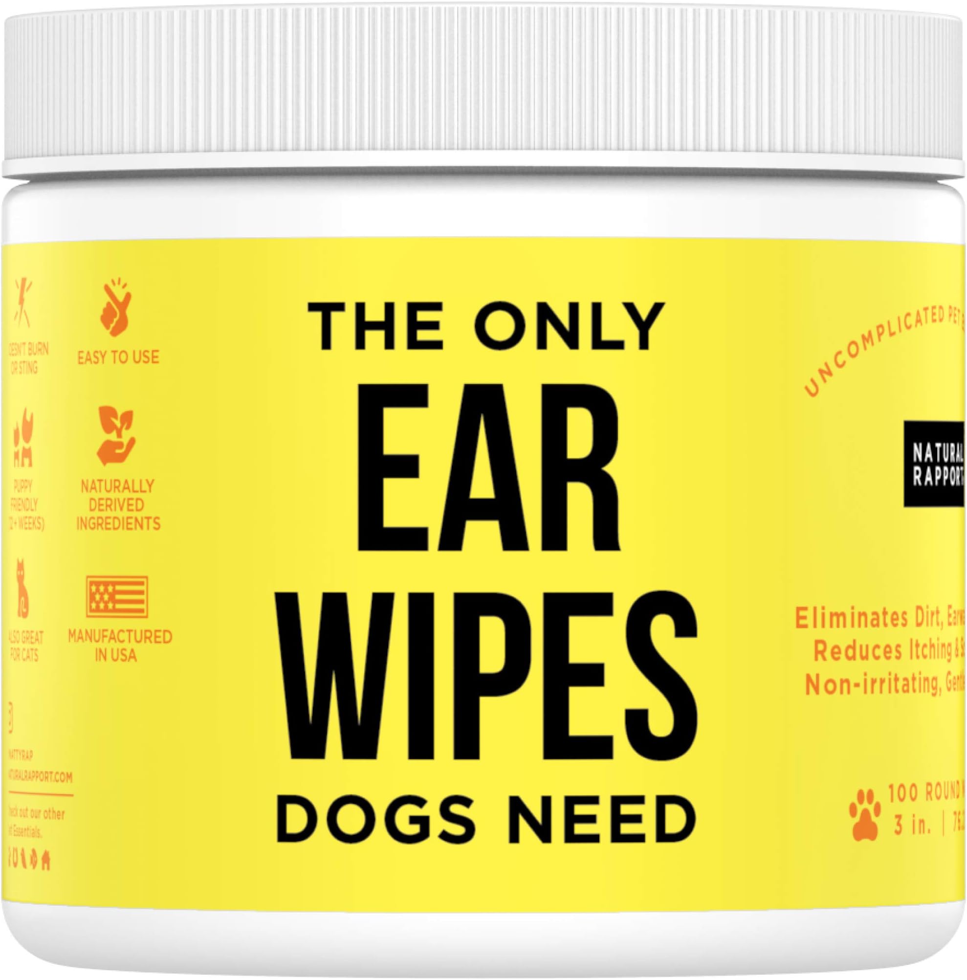Natural Rapport Dog Ear Cleaner - The Only Ear Cleaner Dogs Need - Ear Cleaner Wipes for Cleaning Out Wax, Dirt, and Contaminants (Wipes, 100 CT)