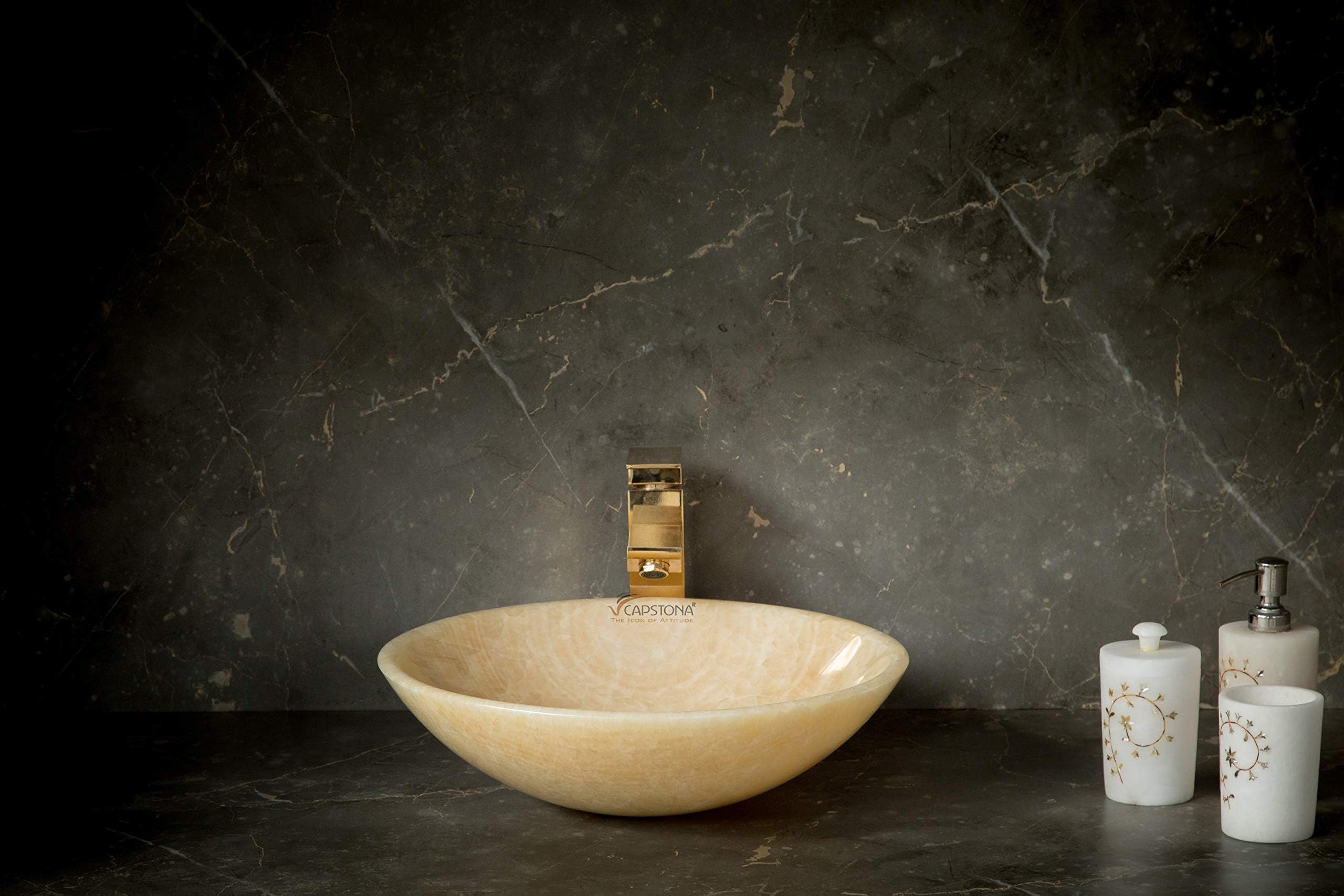 CAPSTONA Dewdrop Honey Onyx Countertop/Tabletop Yellow Designer Oval Bathroom Washbasin, 400 x 400 mm