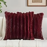 FUTEI Burgundy Decorative Throw Pillow Covers 18x18 Inch Set of 2,Soft Fluffy Faux Mink Fur Dyeing Striped Textured Cushion Case,Modern Home Decor for Couch Bed Living Room