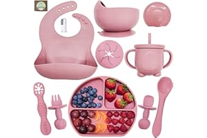 O'doe 11-Pcs Silicone Baby Feeding Set – Baby Led Weaning Supplies With Suction Plates For Toddlers, Baby Plates and Bowls Set | Rose V1