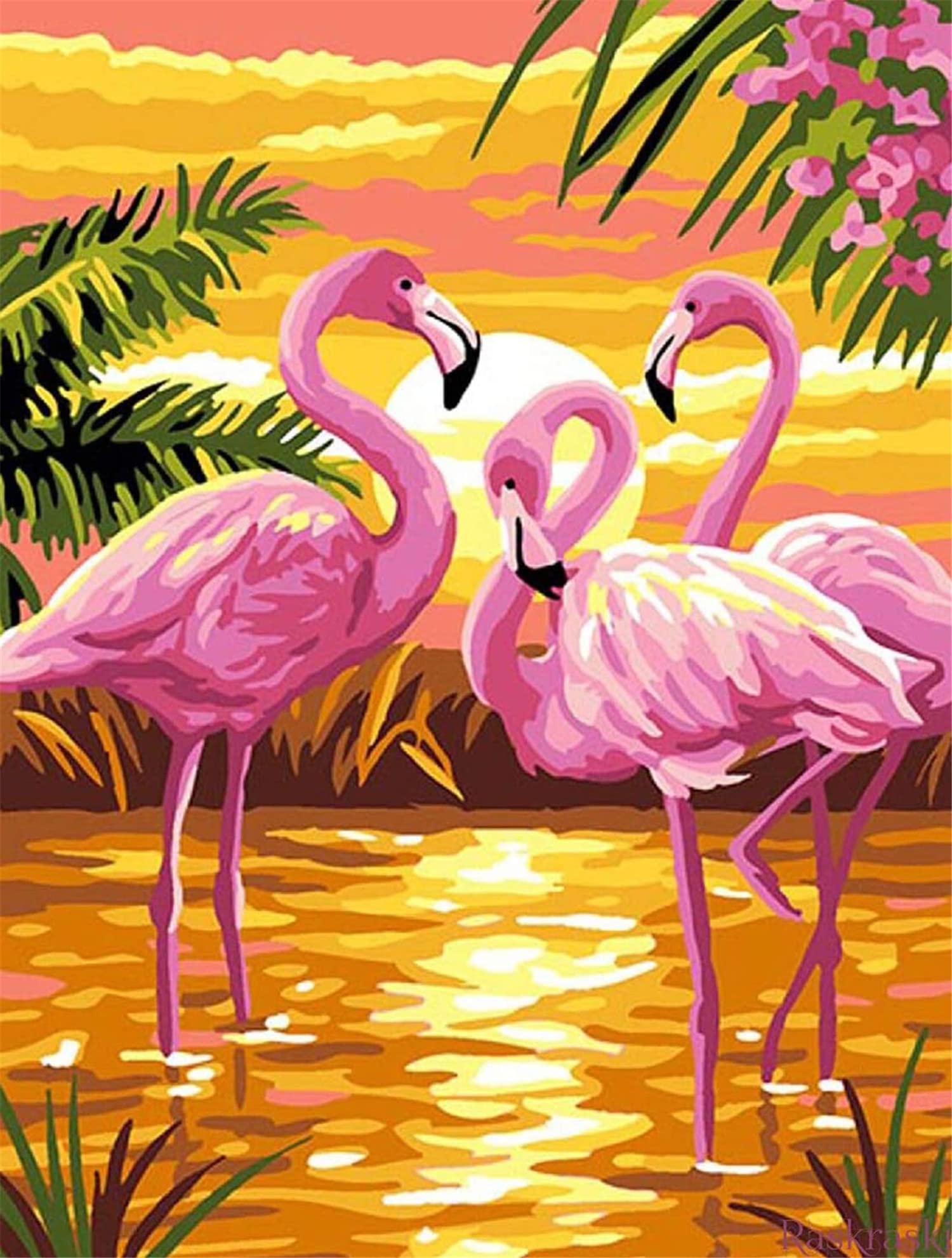 Cross Stitch Kits Stamped, OWN4B Flamingos by the Lake at Sunset Printed Pattern 11CT 14.2x18.1 inch DIY Embroidery Kit (Flamingo)