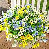 Mutcolor Pansies Artificial Flowers for Outdoors 12 Bundles Fake Silk Pansy Faux Plastic Plants UV Resistant for Home Outside Garden Planter Front Door Porch Yard Patio Decor (Blueyellowwhite)