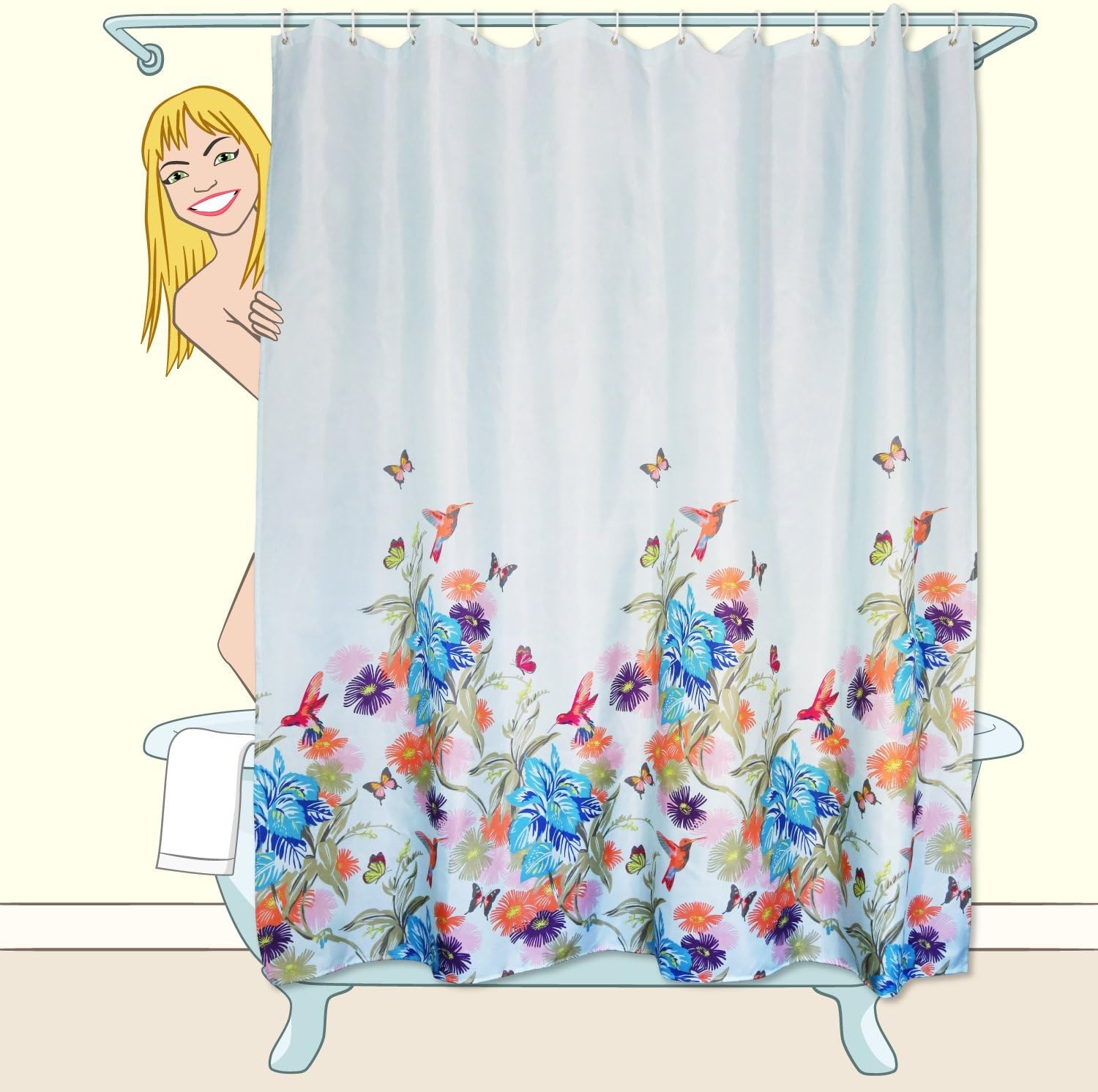 Fabric, Blue with Flowers, Birds and Butterflies SYOM Shower Curtain Set with Hooks Polyester Non-toxic and Anti-Bacterial, Machine Washable, 70x70 inch