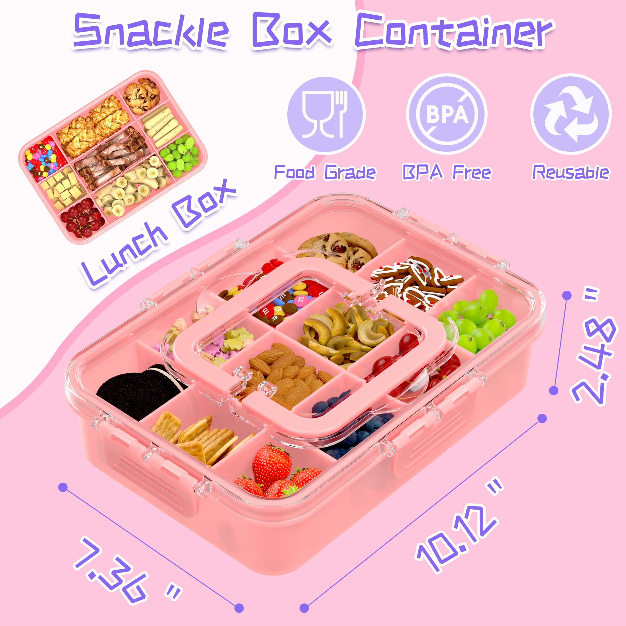 Xyptorix Snack Box Container for Kids - Adjustable 12-Compartment Snack Containers, Reusable Bento Box, Dishwasher Safe, BPA-Free, Perfect for School, Travel, Camping & Picnic, Pink